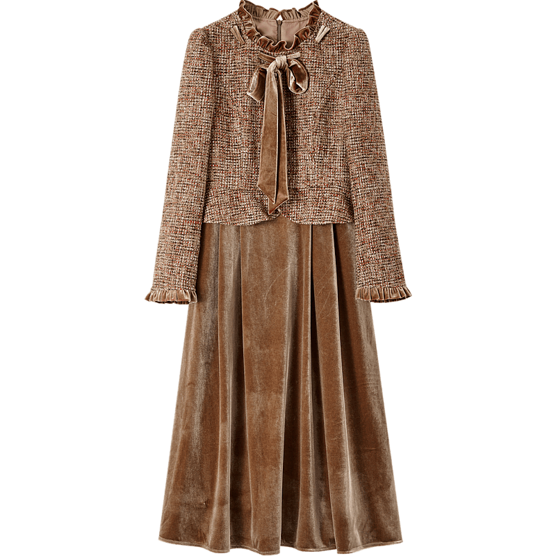DME Winter Elegant Little Chanel Style Wool Blend Faux Two-Piece Ribbon Collar Ruffle Edge Dress Brown Red XL