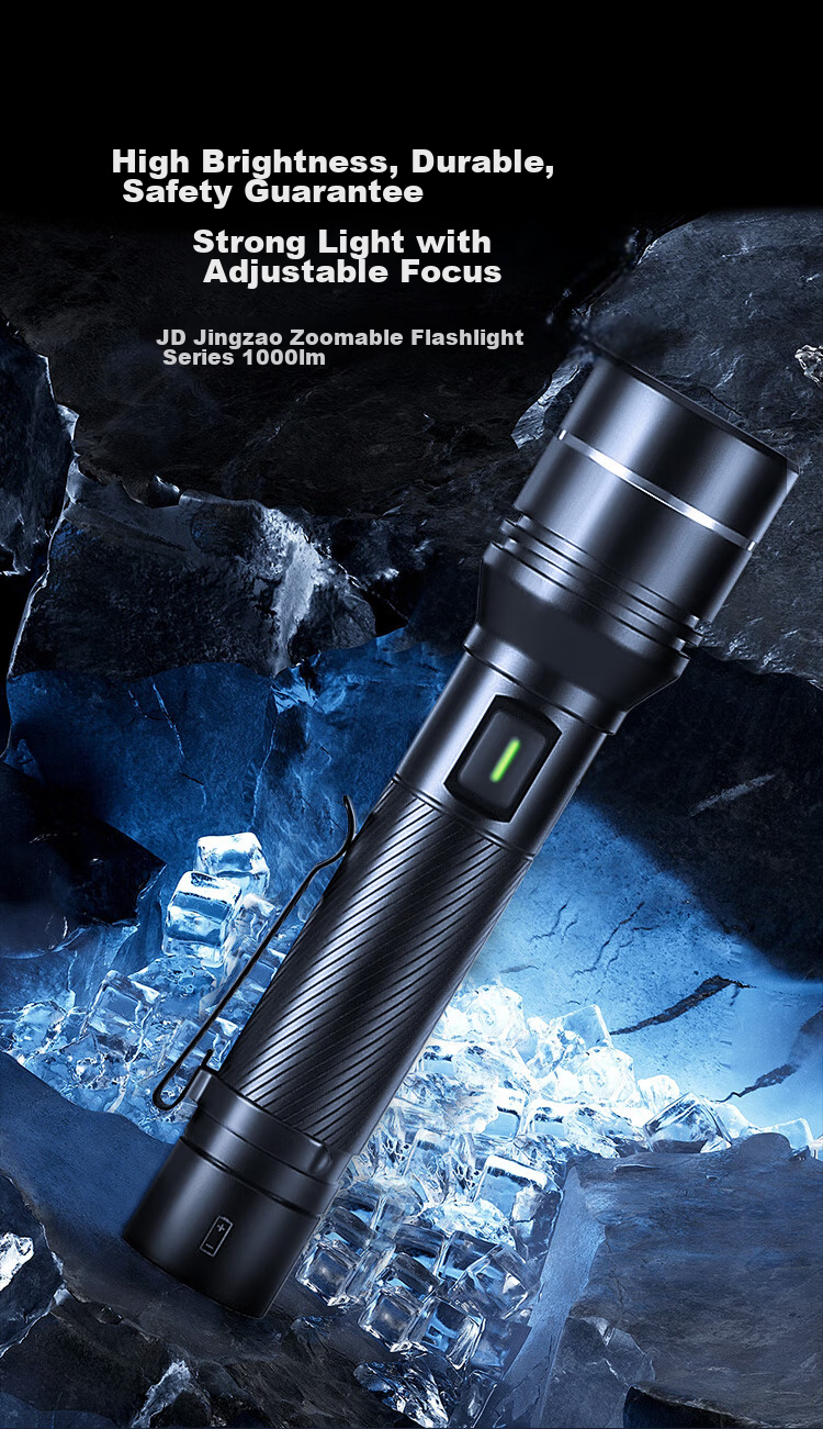JD Original High-Brightness Zoomable Flashlight, 1000 Lumens, Long Battery Life, Outdoor Survival, Rechargeable, Multifunctional, Portable for Home Use 1