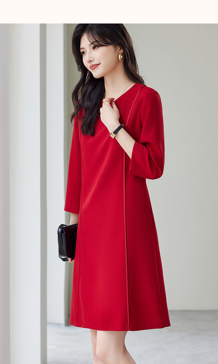 Dme [Modern Women] Spring And Autumn Commuter Round Neck Slim-Fit Three-Quarter Sleeve Elegant Midi Dress for Wome 11