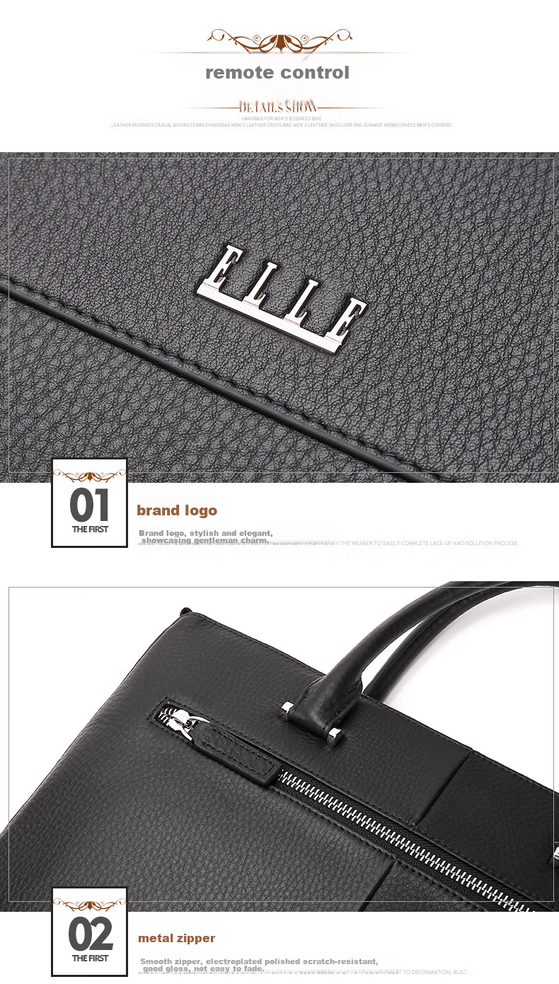 ELLE HOMME Men's Business Briefcase, Handheld Work Bag Horizontal Style Top Layer Cowhide Laptop Bag Large Capacity Fashionable Men's Bag EA888200411 Black 12