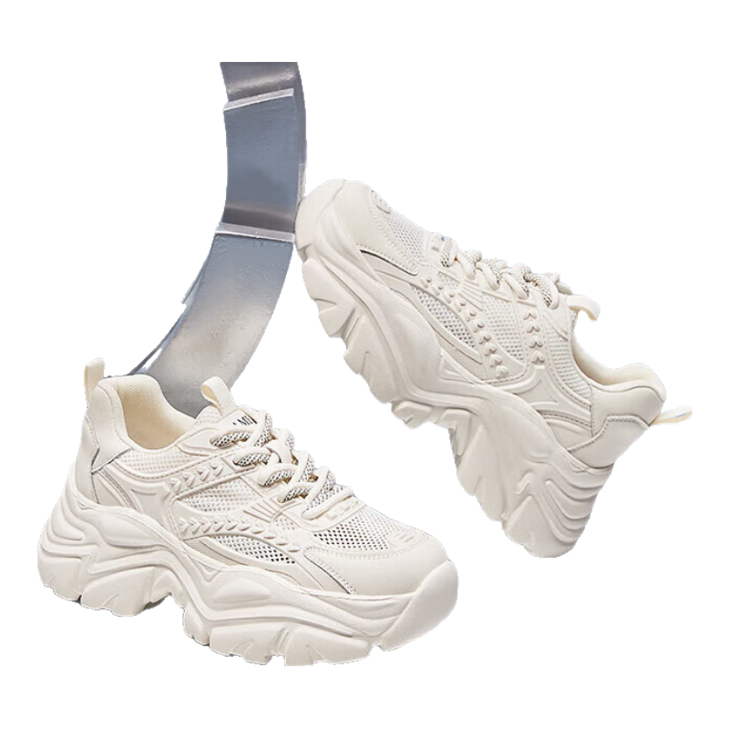 CAMEL Women's Chunky Sneakers with Spliced Design, Thick-Soled Platform Casual Shoes L24S283622W Beige (Mesh Style) Size 35