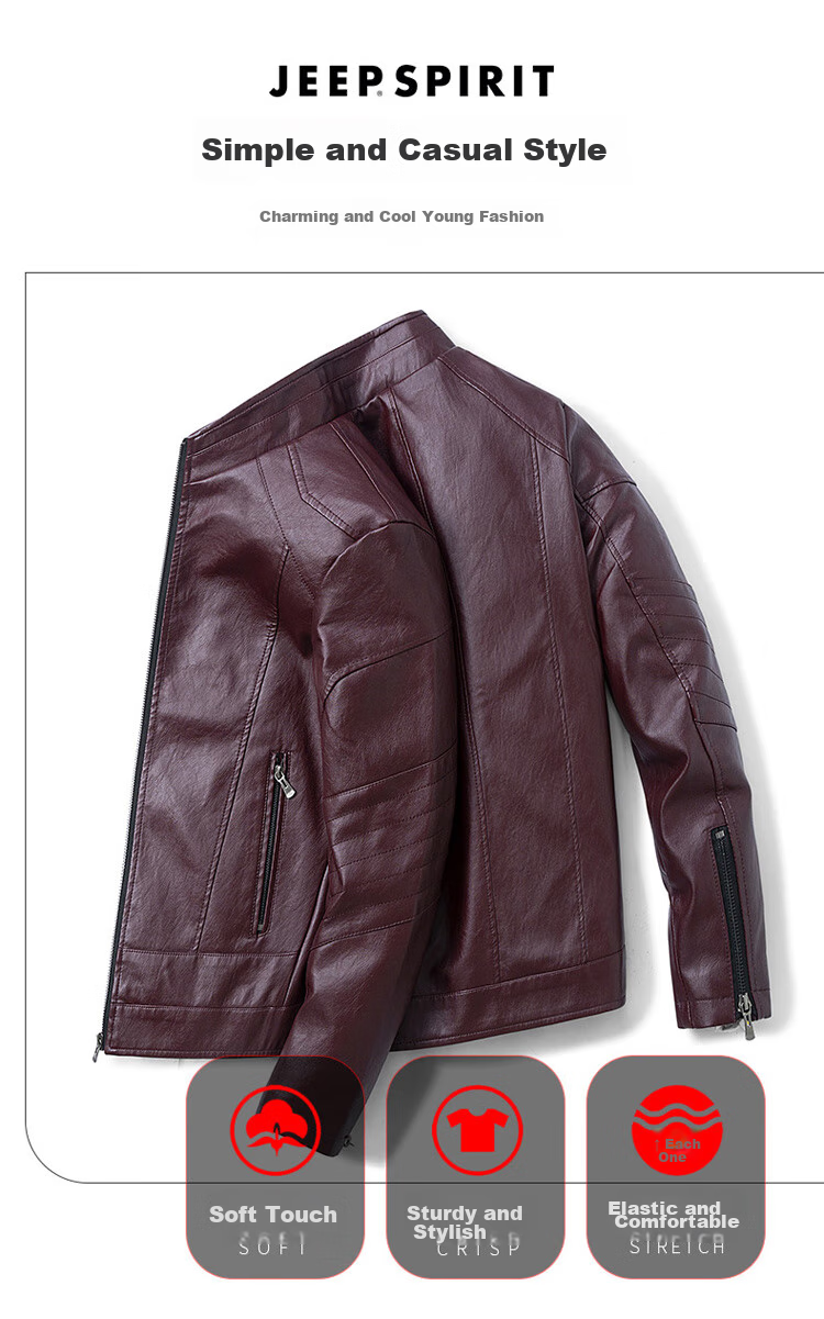 JEEP SPIRIT Men's Leather Jacket, Spring And Autumn Stand-Collar Business Motorcycle Outerwear, Black, Size L 4