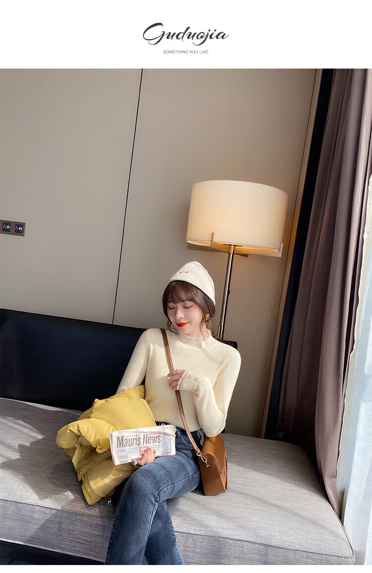 LangSha Women's Sweater Autumn Winter 2025 New Stylish Knitwear Semi-Turtleneck Slim Lace Fleece Lined Base Shirt 9