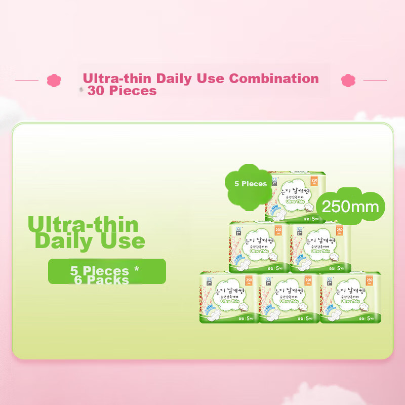 Eunjie Ultra-Thin Daytime Sanitary Napkins, 250mm, 5 Pieces * 6 Packs, Breathable, Comfortable Menstrual Pads Combo Pack [Imported from Korea]