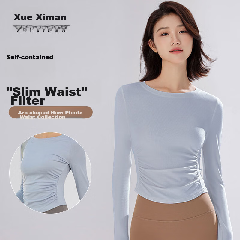 XUEXIMAN Yoga Top for Women, Long Sleeve T-Shirt, Autumn And Winter New Style, Pleated Slimming Design, for Running, Fitness, Sports, Quick-Dry Top