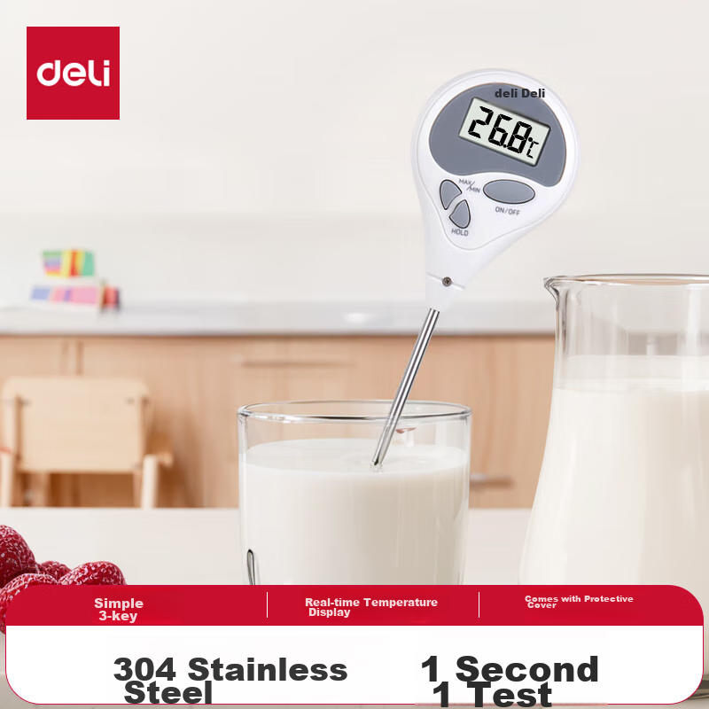 Deli Probe Thermometer, Kitchen Food Temperature Meter, Oil Thermometer, Baby Complementary Food Milk Thermometer, Water Thermometer, Electronic Thermometer, Children's Gift, Birthday Present, White 8807