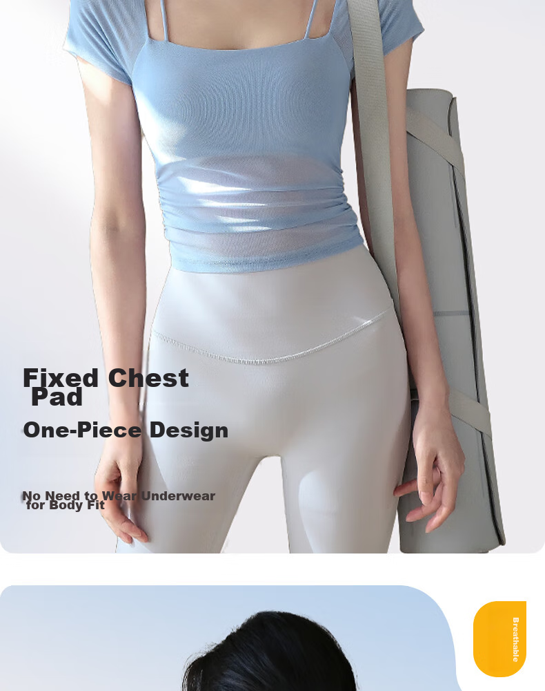 XUEXIMAN Faux Two-Piece Yoga Top for Women, Summer Short Sleeve with Built-In Bra Pads, Pilates Workout Fitness Wear 8