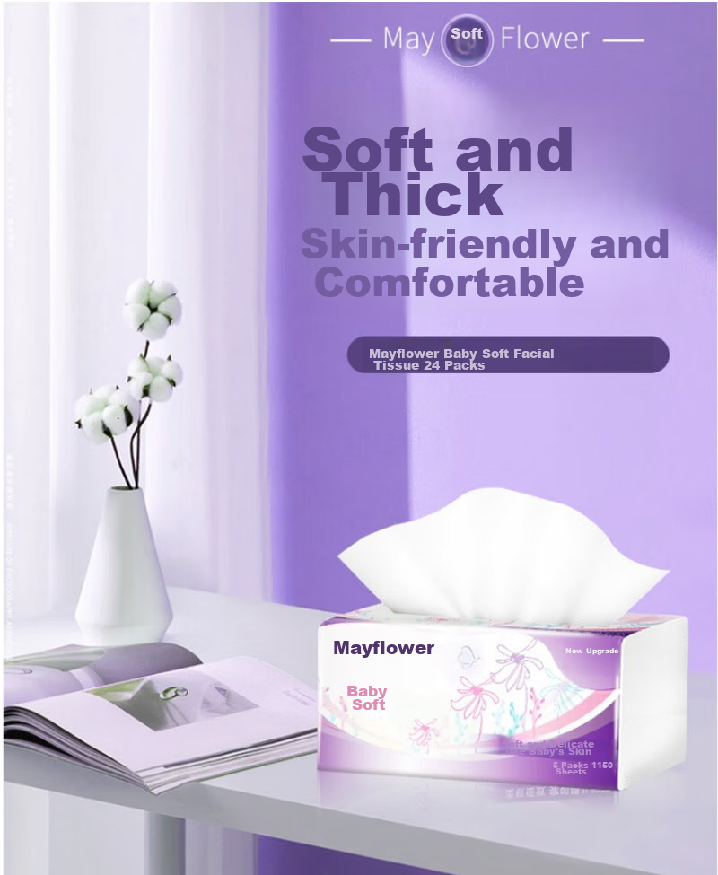 May Flower Facial Tissues, 3-Ply, 120 Sheets*20 Packs, M Size, Soft And Thick Skin-Friendly Tissues, Bulk Pack 1