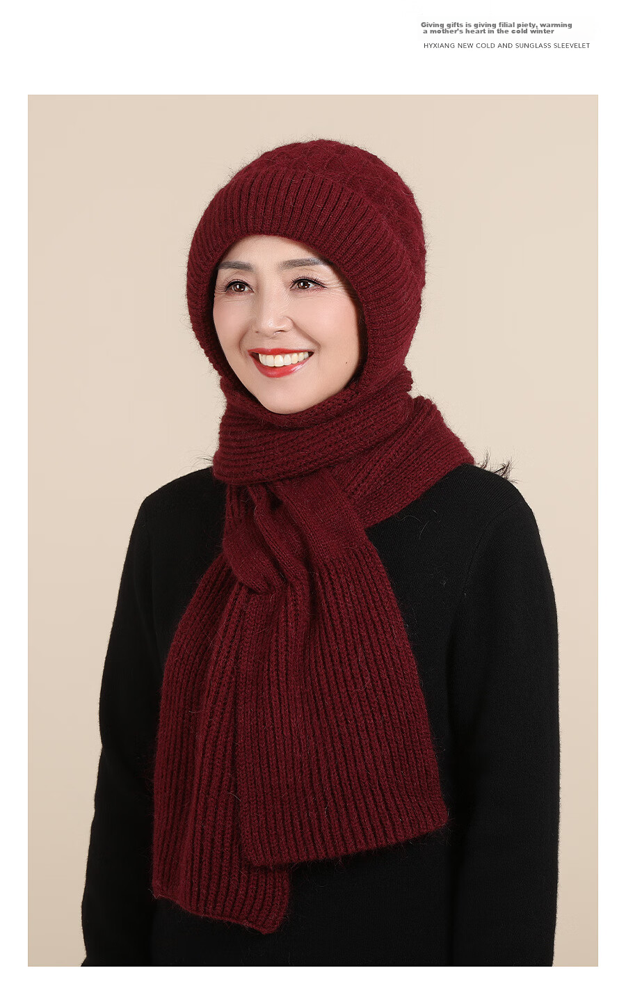 Hengyuanxiang Middle-Aged And Elderly Hat Scarf Integrated Knitted Cap, Winter Warm Rabbit Fur Fleece-Lined Gift for Elders 14