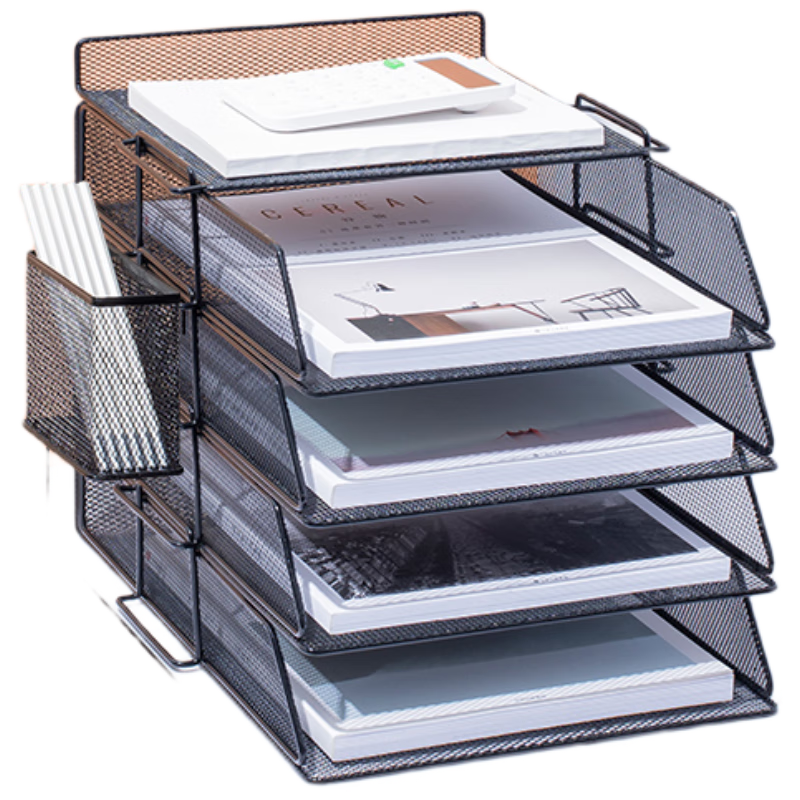 Linlei Metal File Organizer, Office Supplies Storage Box, Desk Organizer, Desktop Storage Rack, File Holder, A4 Vertical Style, 5-Tier (With Pen Holder)
