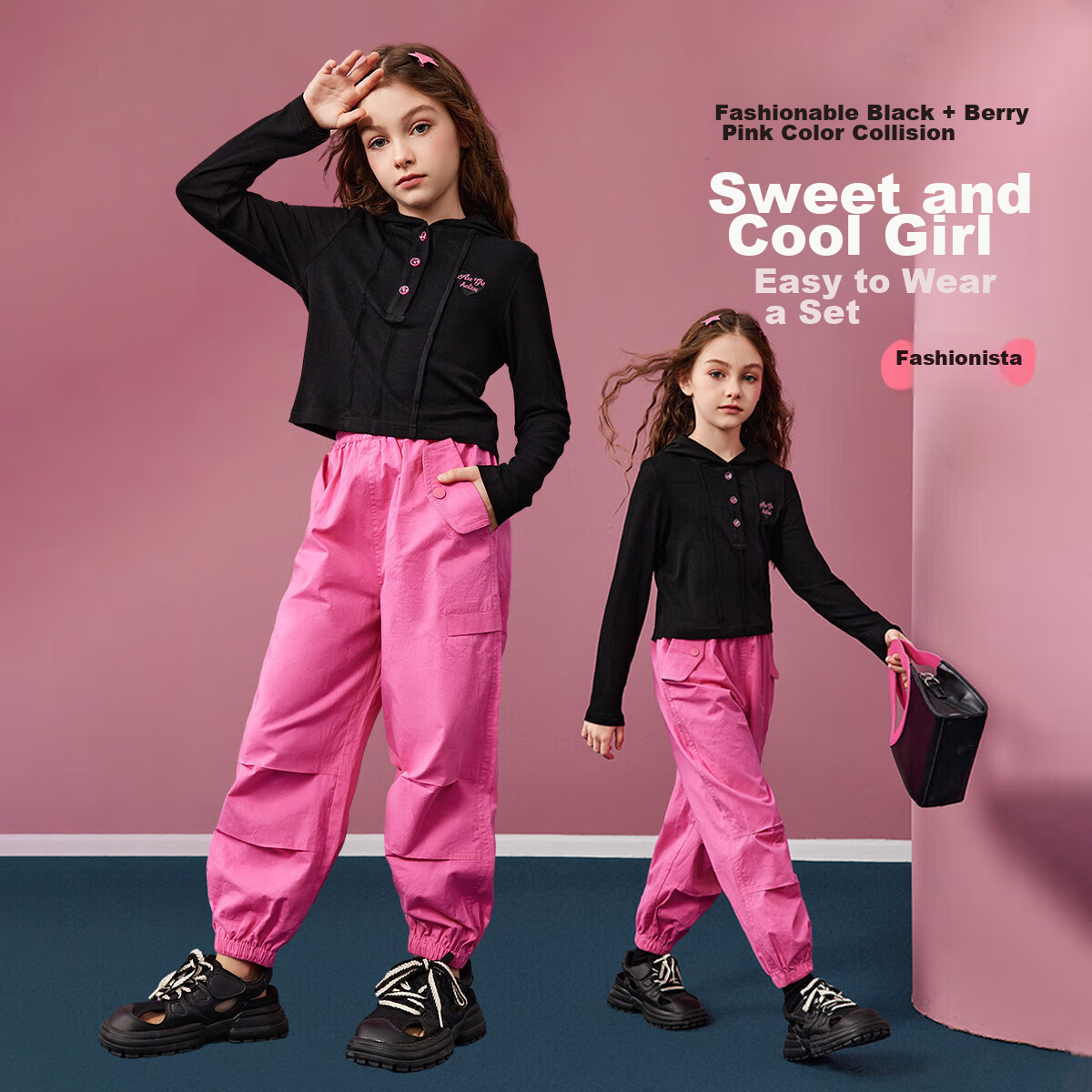 ASK JUNIOR Girls' Set, Autumn 2026 Children's Hooded Sweatshirt, Casual Cargo Pants, Sporty Color-Block Two-Piece Suit, Pink, Size 140