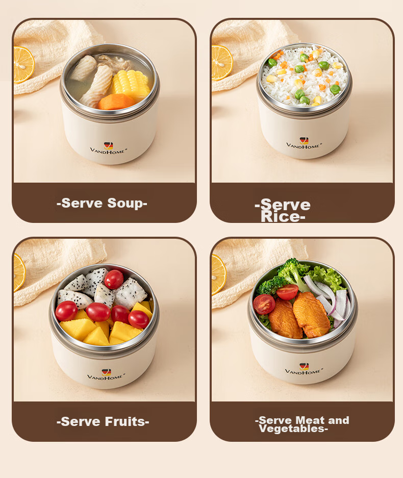 WORTHBUY 304 Stainless Steel Insulated Lunch Box, Microwave Safe, Soup Container, Portable Takeout Box, Rice Container, Beige, 800ML 6