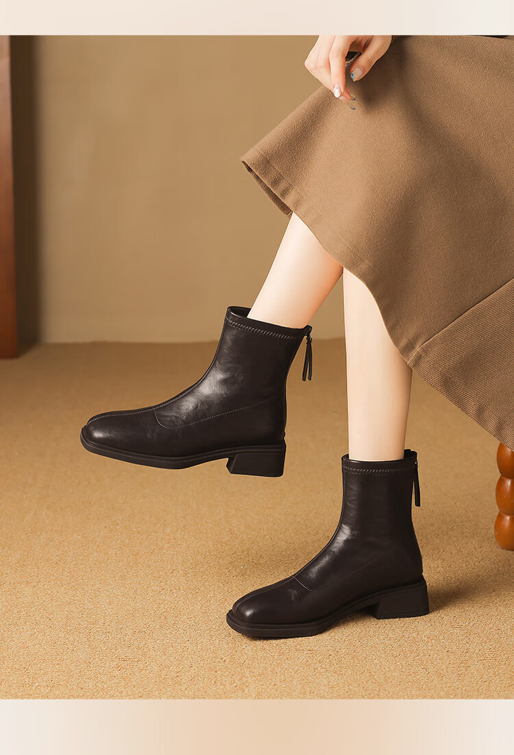 ZHR Women's Square Toe Short Boots 2025 Winter New Plush Stylish Ankle Boots Slim Fit BL663A Brown Size 37 9
