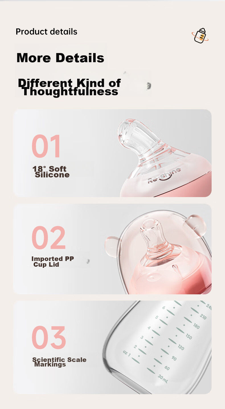 Potato Straw Bottle for Infants, Wide Mouth Glass Bottle with Handle And Gravity Ball, Suitable for 4 Months And Above, 240ml, Peach Pink 13