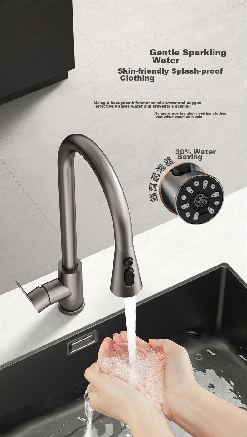 ARROW Kitchen Sink, Large Single Basin, 304 Stainless Steel Vegetable Washing Sink, Integrated Basin, Single Basin, Gunmetal Gray, Rain Drop Textured 23