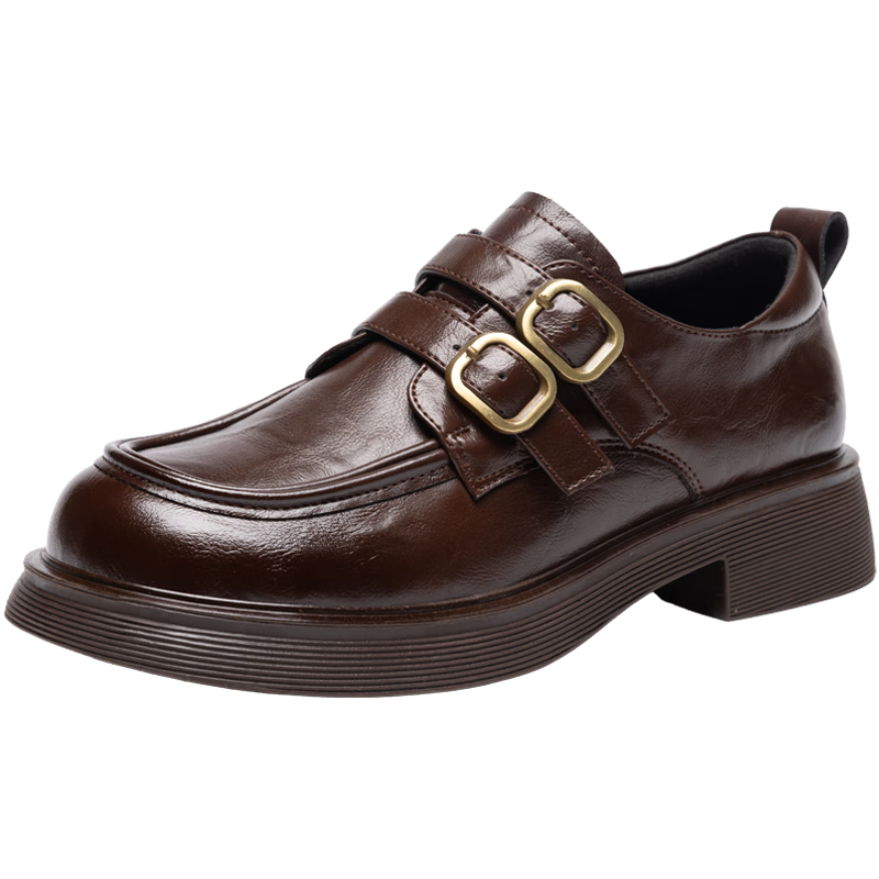 ZHR British Style Women's Loafers, Retro Lightweight Comfortable Shoes, Chunky Heel Thick Sole Versatile Leather Shoes, JF135, Brown, Size 37