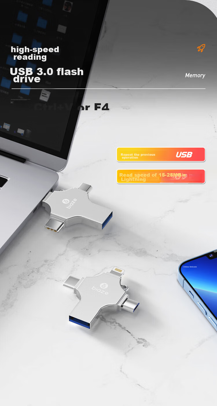 BIAZE 128GB Four-In Lightning Phone Flash Drive, Type-C USB3.0, Compatible with Huawei, Android, Apple, Large Capacity Dual-Use Thumb Drive for Computer And Phone 6