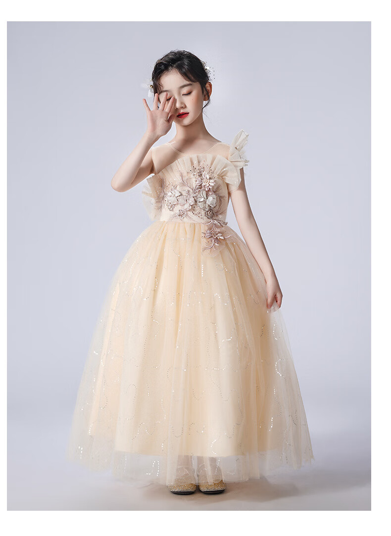 LUOBOBEIBEI Girls' Dress Princess Flower Girl Wedding Dress Piano New Year Dress Yellow Dress Size 130 15