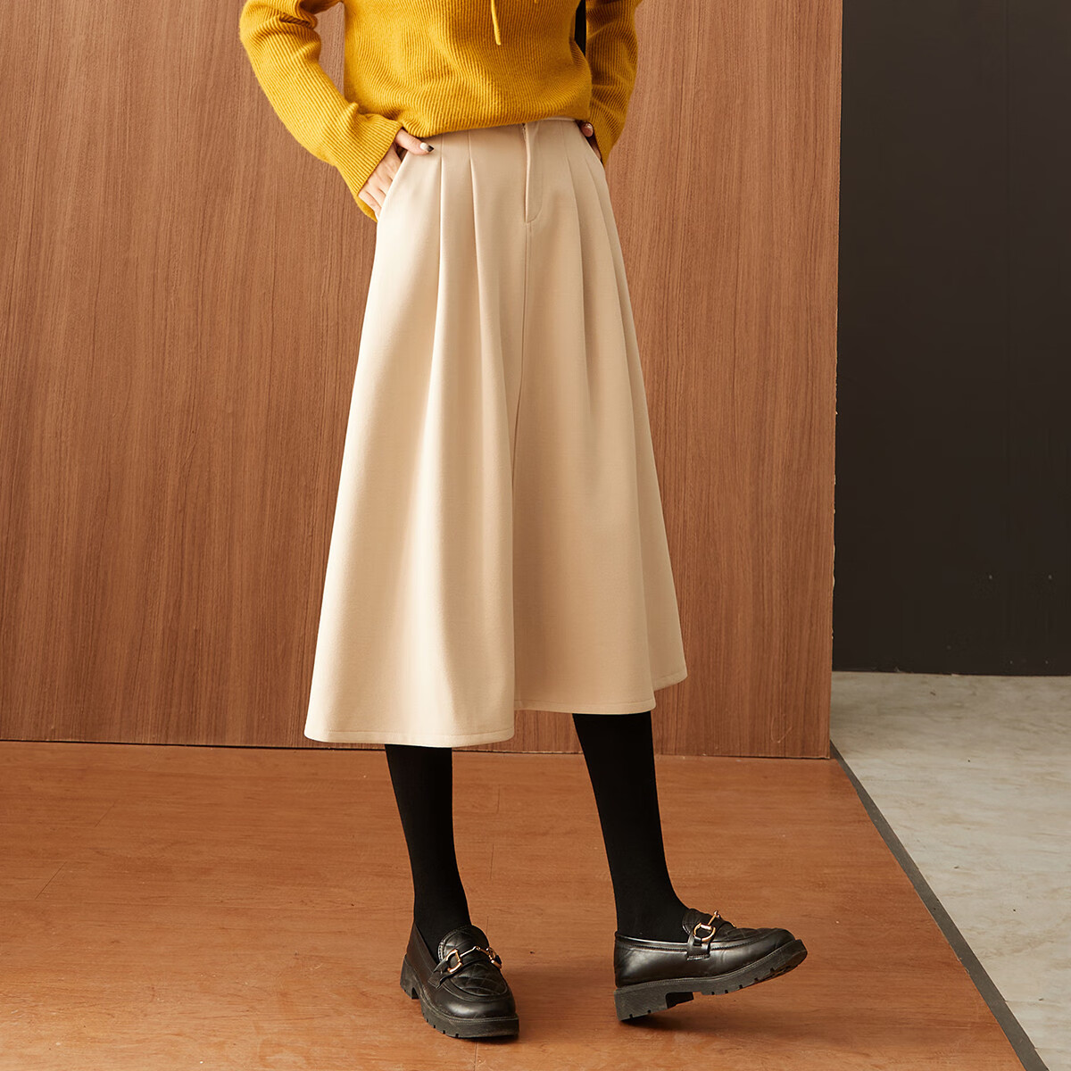 Dme [A-Line Skirt] Winter Commute Mid-High Waist Solid Color A-Line Casual Midi Skirt, Apricot Color, Size L