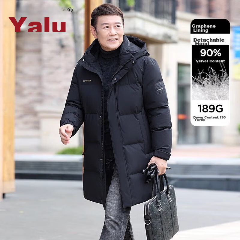 Yalu Mid-Length down Jacket for Men, Winter Detachable Hooded Coat for Middle-Aged And Elderly Fathers, Warm Duck down Men's Outerwear