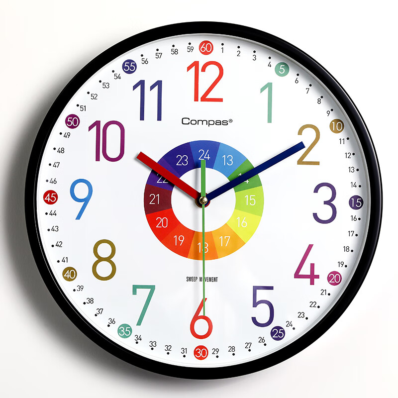 Compas Living Room Wall Clock, Quartz Timepiece, Educational Children's Learning Clock, Model 7866, Black, 30cm