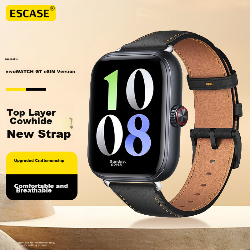 ESCASE Compatible with Vivo/iQOO WATCH GT Watch Strap, Genuine Leather Replacement Wristband, Classic Cowhide Smartwatch Band, Black
