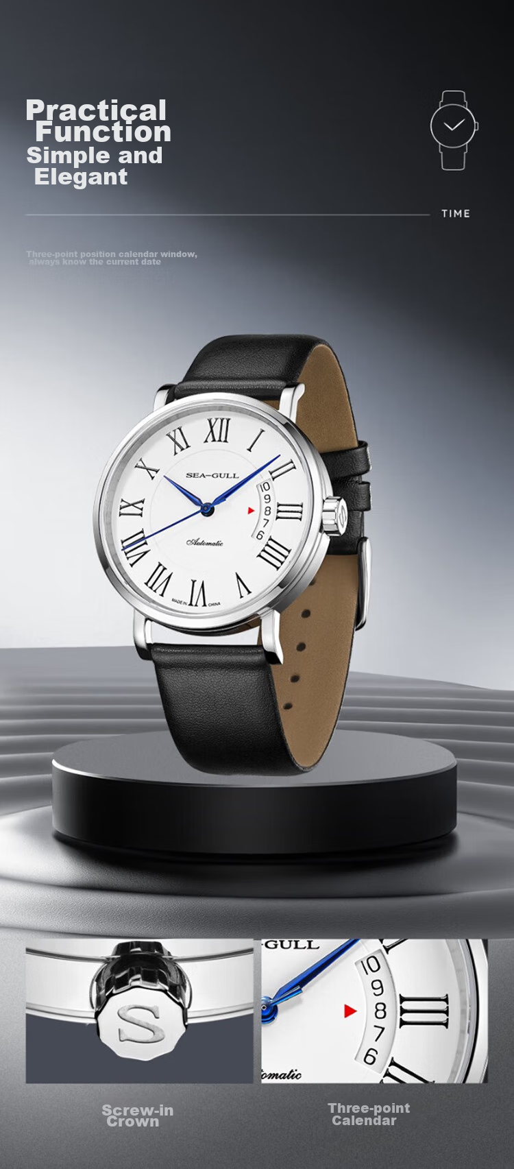 SEAGULL Men's Automatic Mechanical Watch, Bauhaus Date Display Men's Watch, Birthday Gift for Men, Model 6091 14