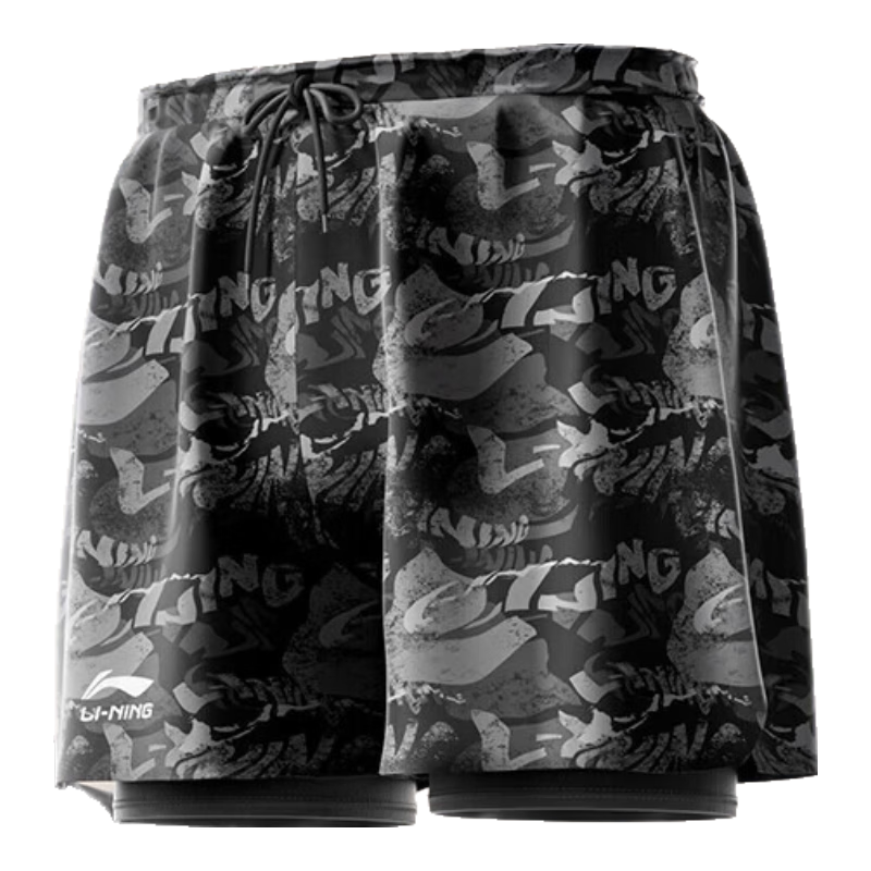 Li-Ning Men's Swim Shorts, Two-In Anti-Embarrassment Quick-Dry Five-Point Beach Shorts, Swimming Trunks, Hot Spring Swimwear, 3301 Black XXXL