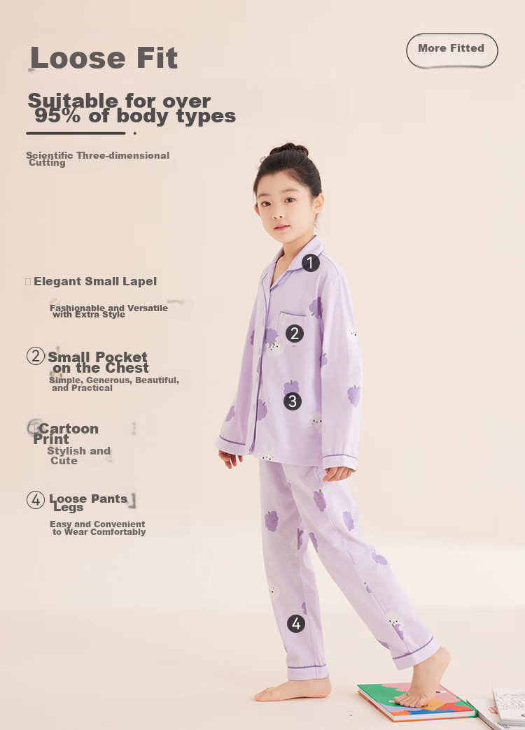 Hodo Children's Pajamas, Girls' Spring And Autumn All-Season Pure Cotton Loungewear, Long-Sleeve Top And Long Pants, Lapel Collar Set, M3512, Light Purple, Size 140 2