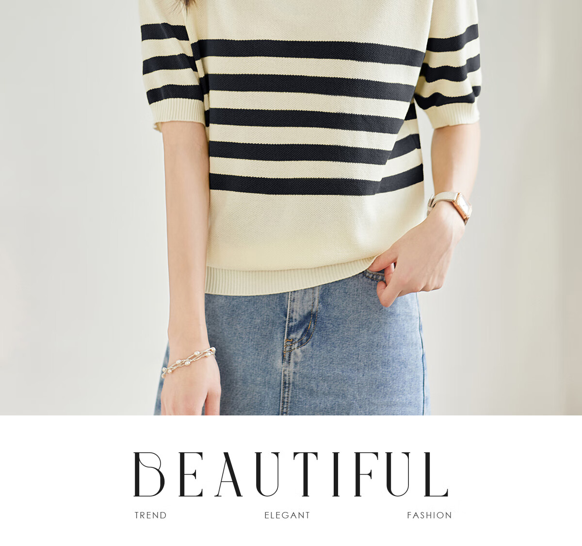 Taxiang Women's Short-Sleeve T-Shirt, Doll Collar Thin Knit Top, Summer Women's T-Shirt, Contrasting Color Top, T144T1629 9