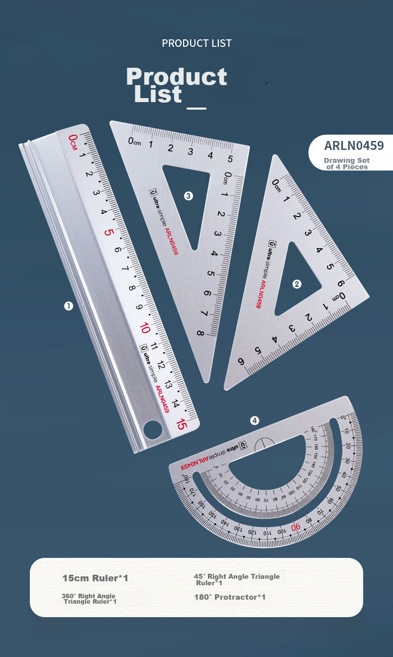 M&G Premium Series Aluminum Alloy Ruler Set for Students' Drawing, Professional Exam Drawing (15cm Straight Ruler + Two Triangle Rulers + Protractor) ARLN0459 2