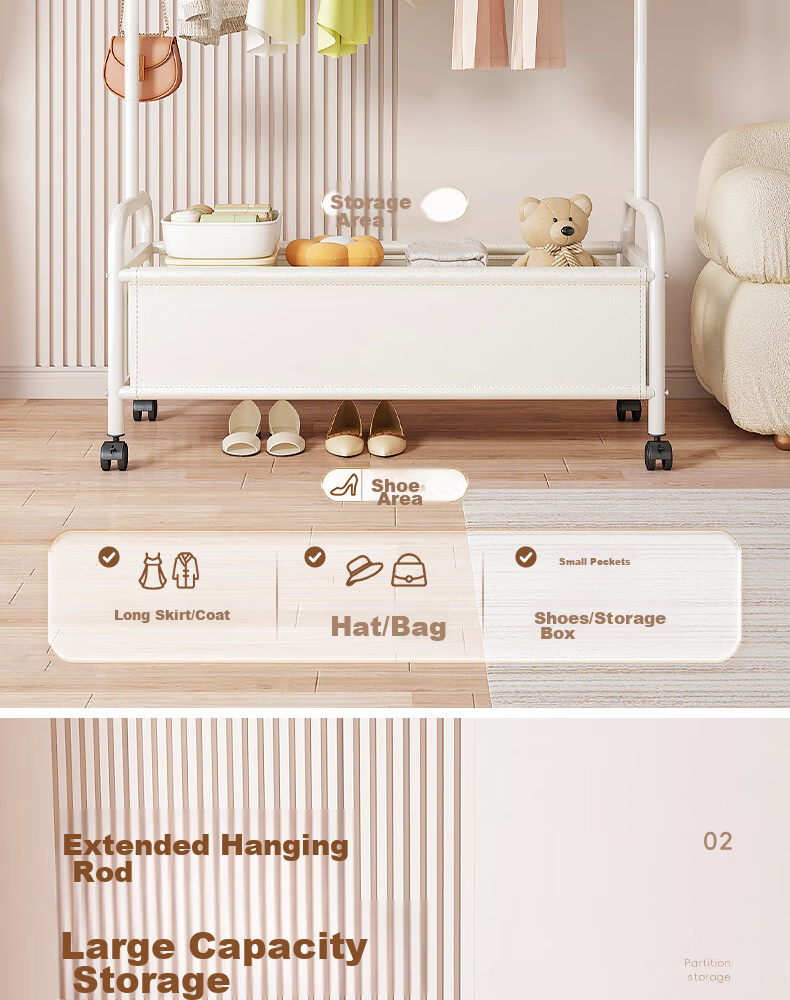 Milin Wheeled Coat Rack, Movable Bedroom Floor-Standing Modern Minimalist Home Storage Basket Coat Hanger, White Basket 60cm 4