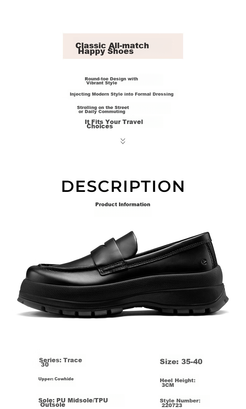 ECCO Loafers, Fashionable Thick-Soled Heightening Casual Leather Shoes for Women, Zunji 30 Women's Shoe Series 220723, Black, Size 37 1