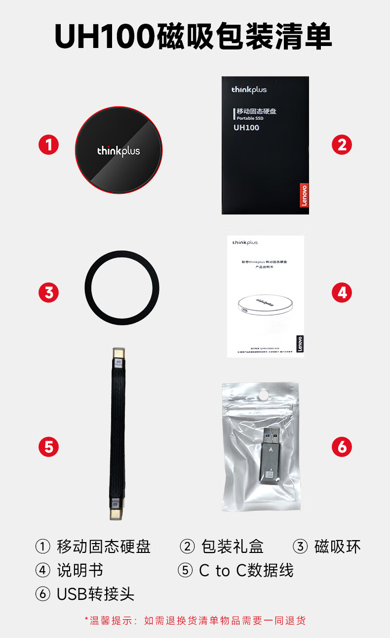 ThinkPlus Lenovo 2TB Magnetic Mobile SSD, Magnetic Phone USB3.2 High-Speed Reading 1900MB/s, Portable PSSD, UH100 Xiaofeidan Series 2
