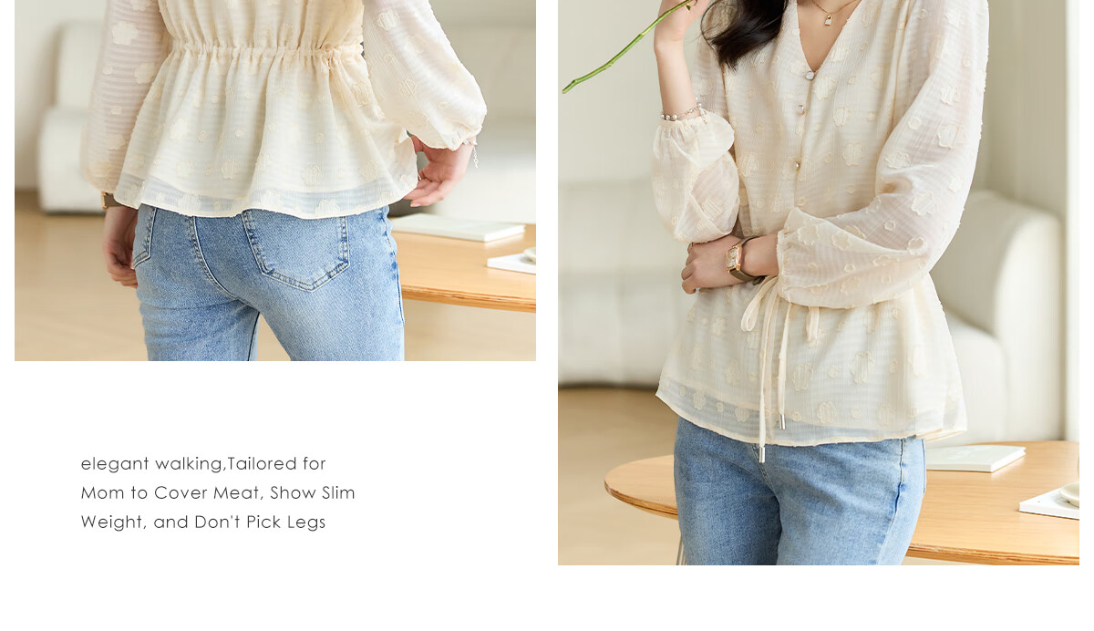 She Enjoy Long Sleeve V-Neck Puff Sleeve French Style Shirt Elegant Versatile Tie Waist Blouse T141C2665 7