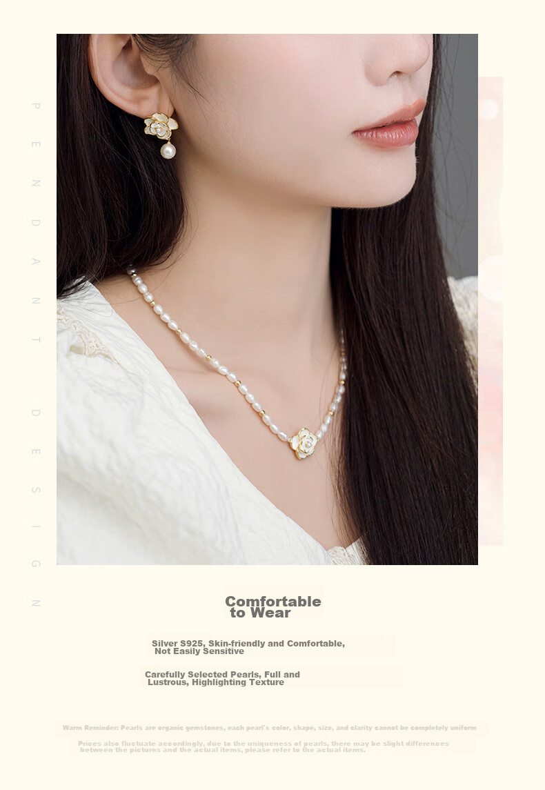 CHOW TAI SENG [Birthday Gift] Camellia Pearl Necklace, Pure Silver Women's Sweater Chain, Elegant Collarbone Chain for Girlfriend 6