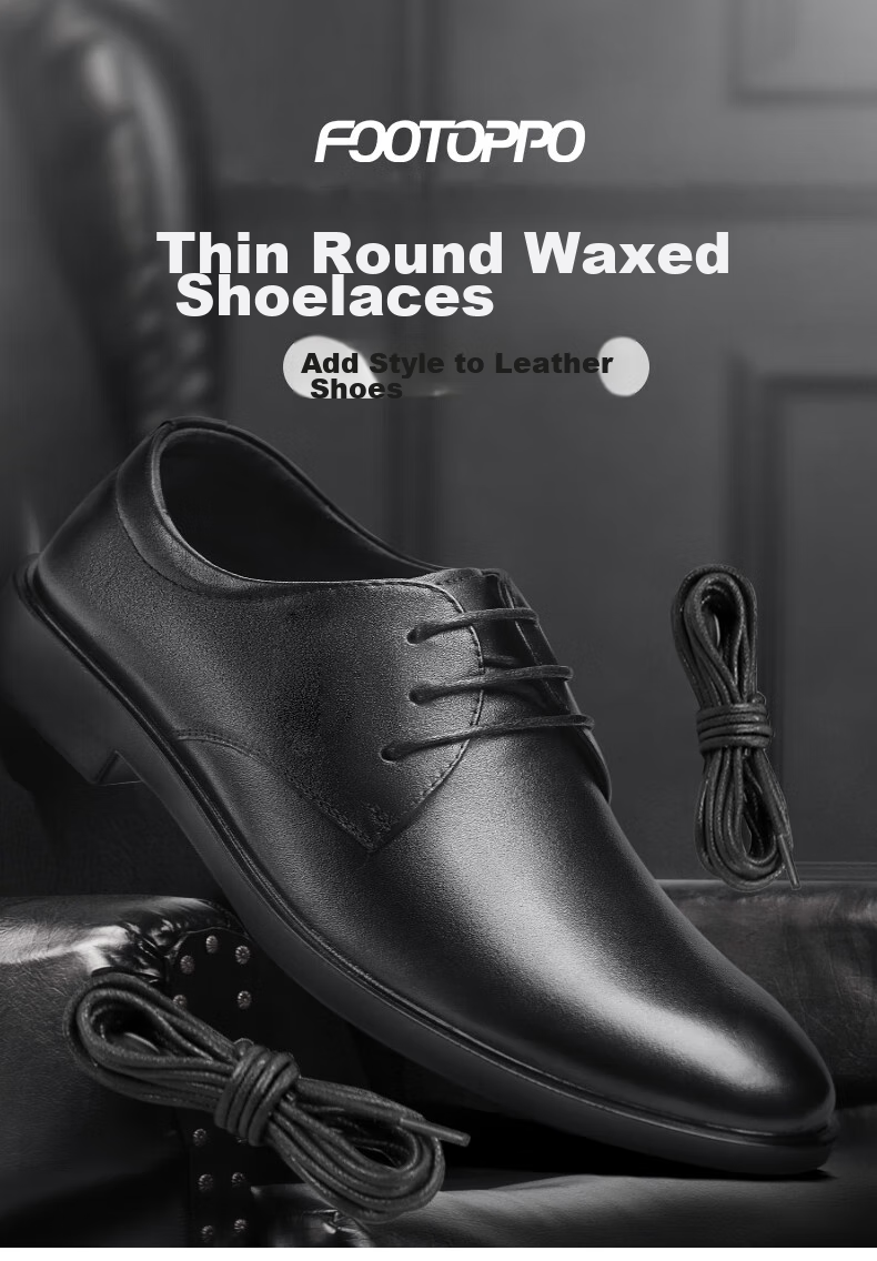 FOOTOPPO Black Leather Shoe Laces for Men's Casual Leather Shoes, Business Round Wax-Edged Black Shoe Laces for Wome 1