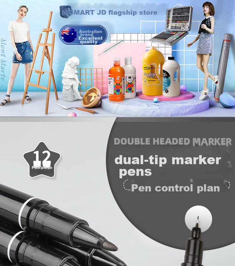 Mont Marte Yikou Series, Dual-Tip Markers Twelve-Pack, Art Student-Specific Black Outline Pens, Waterproof And Oil-Resistant, Quick-Drying Fine Tip Drawing Markers ATOD-CM1206 Art Sketching 2
