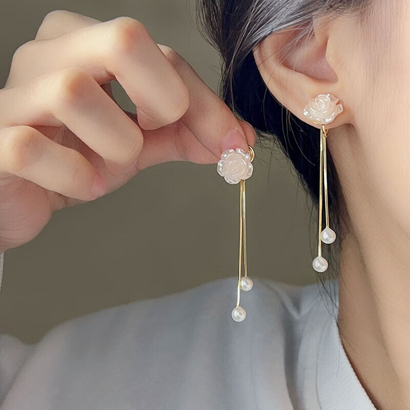 Dijing Camellia Ear Clips for Women, No Piercing Required, Tassel Earrings, Elegant Look, Bone Earring Clips, Stud Earrings, Birthday Gift