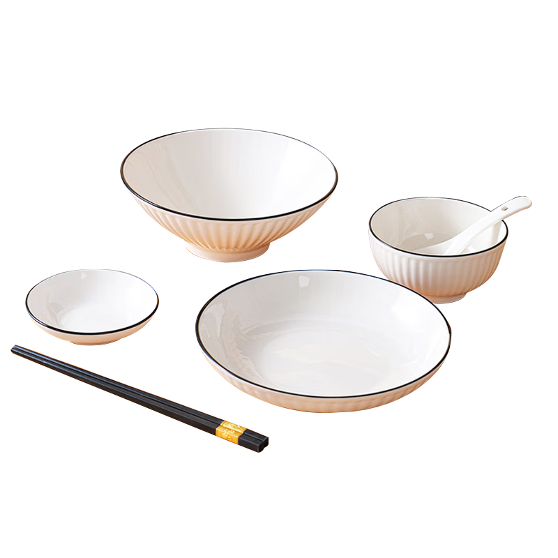 Hechuanwu Porcelain Dinnerware Set, 6-Piece Underglaze Colored Bowl And Plate Set for One Person, Vertical Black Line Patter