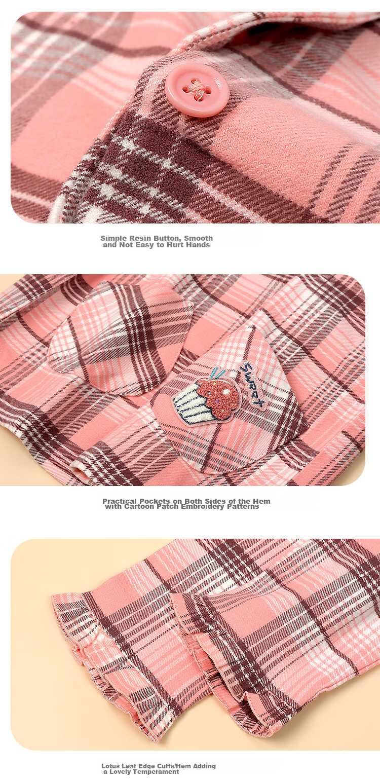 Hodohome Boys' Plaid Cotton Pajamas Set, Brushed Collar Lapel Cardigan Long Sleeve Sleepwear 501 140 7