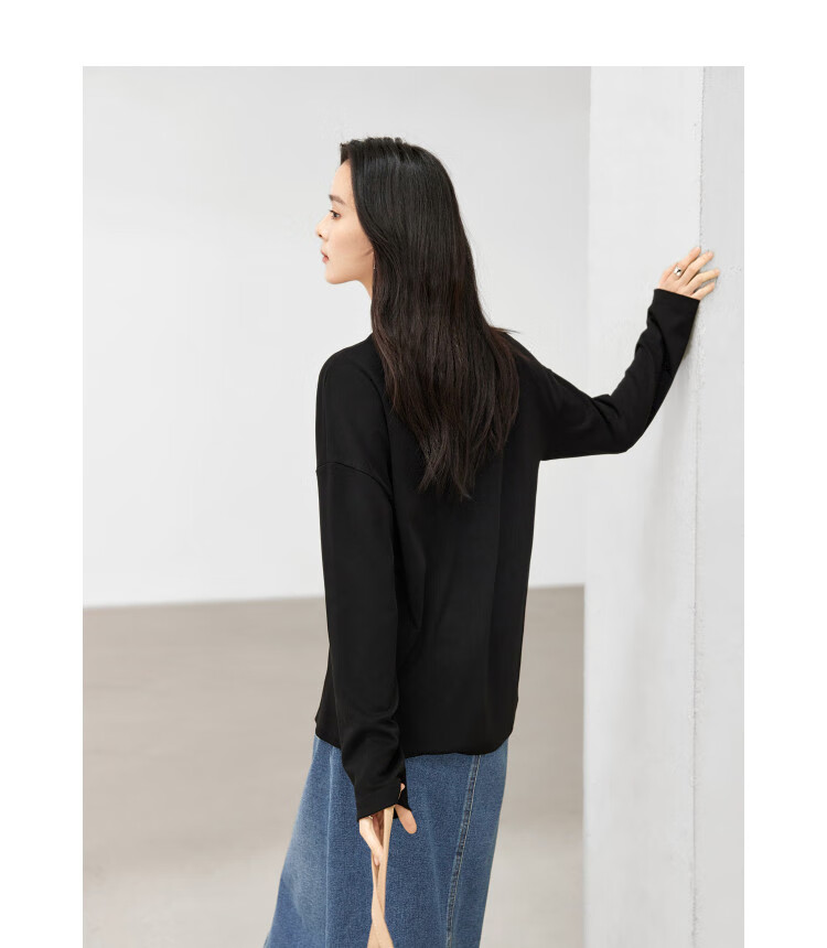 TUCANO Pure Cotton Long-Sleeve T-Shirt for Women, Base Layer, Autumn And Winter Style, Loose Casual Versatile Regular Shoulder Slimming Top, Black, S 15