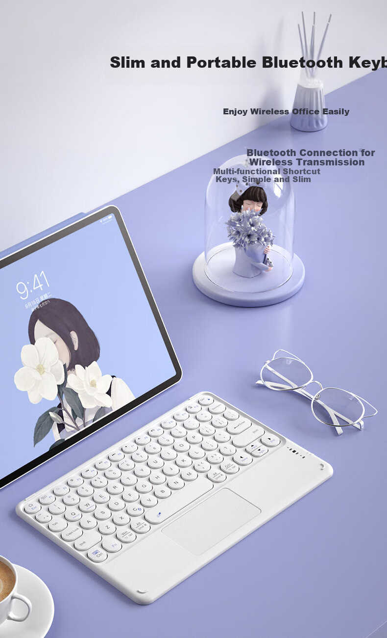 BOW Hangshi X51C Ultra-Thin Bluetooth Wireless Touch Keyboard Compatible with IPad, Xiaomi, Huawei, Apple Tablets, Smartphones, Laptops, Quiet Charging Keyboard, White 1