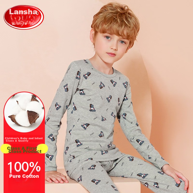 LangSha Children's Thermal Underwear, Boys' Class A Pure Cotton Breathable High-Elasticity Pajamas, Round Neck Autumn Clothes And Pants, for Older Boys, Gray Bear Pattern, Size 150 (Recommended Height 140-150cm)