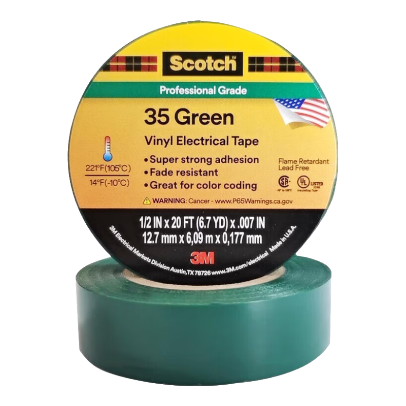 3M Electrical Tape, PVC Waterproof, Heat-Resistant, Weather-Resistant, Flame-Retardant, Electrical Insulation Tape, 35# Green, Single Roll, 12.7MM*6M
