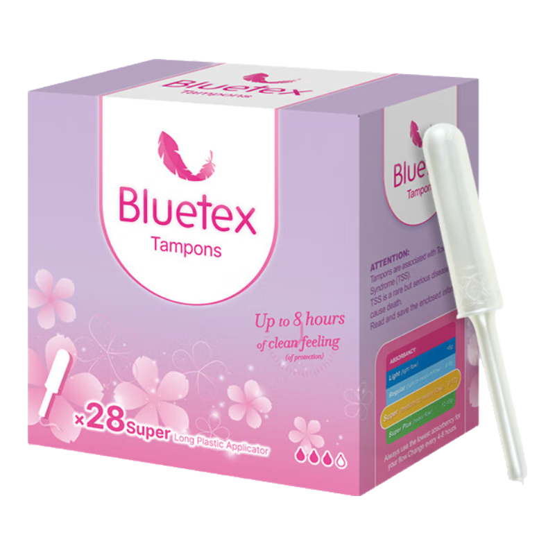 Bluetex Long-Term Tampons, High Flow Rate, 28 Pieces, Built-In Sanitary Napkins, Menstrual Pads for Swimming, Sold by JD