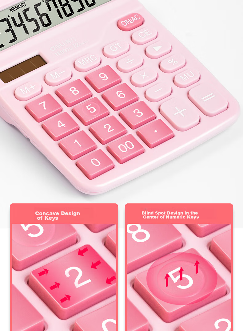 Deli [Super Popular] Dual Power Computer, 12-Digit Large Screen Desktop Calculator, Fourth Grade Student Calculator, Office Supplies, Pink TE837C 9