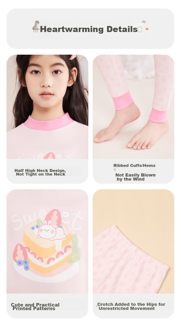 Hodohome Children's Autumn Underwear Set, Girls' Pure Cotton 7A Grade Antibacterial Semi-Turtleneck Thin Warm Underwear Set 118 150 29