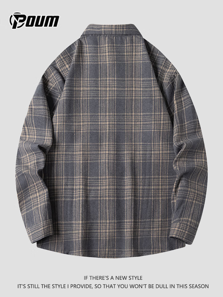 POUM Plaid Shirt Jacket for Men, Spring And Autumn Long-Sleeve Casual Shirt, Trendy Menswear, 2108 Gray, Size L 3