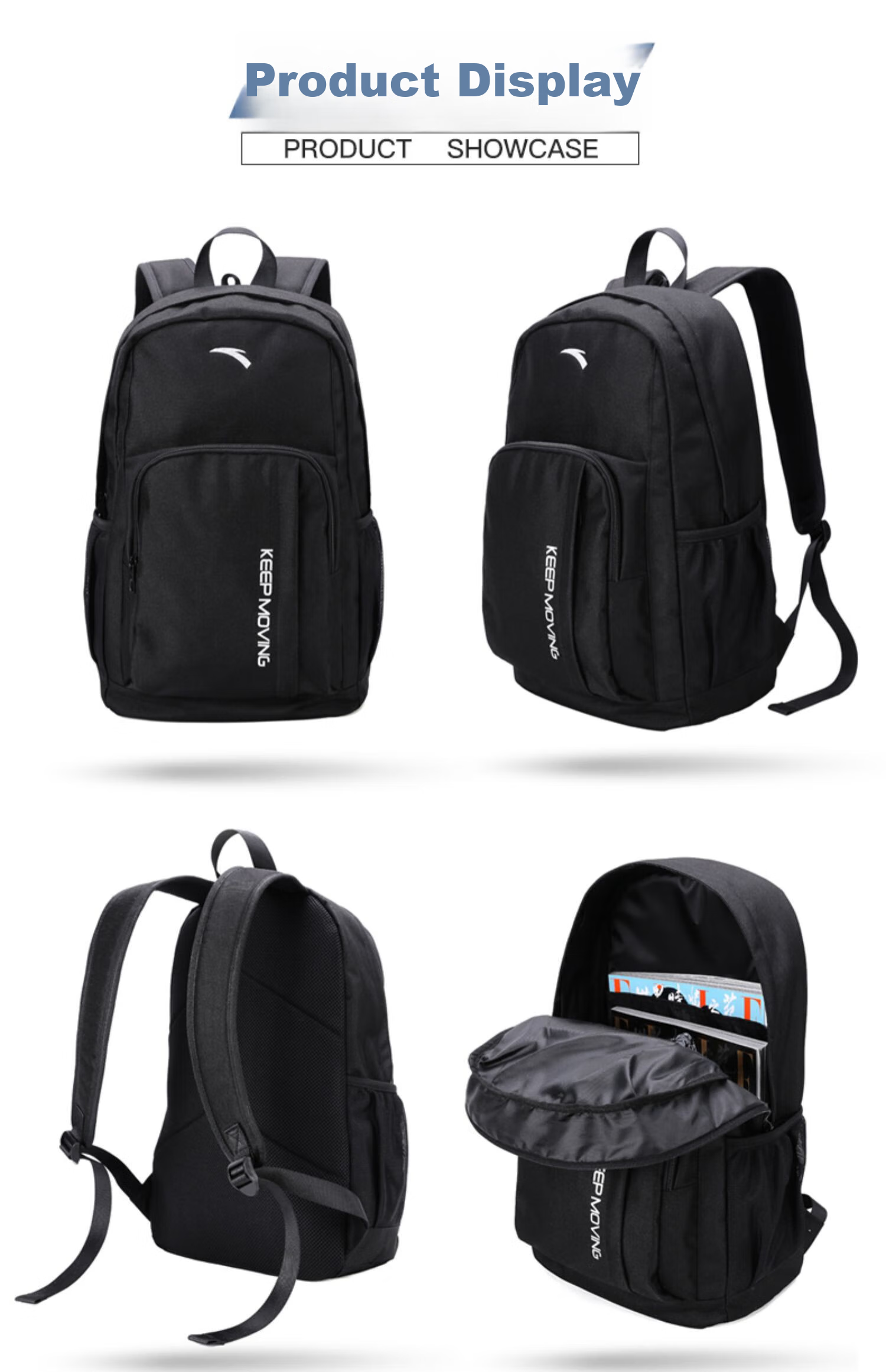Anta Walker Black Backpack Unisex Student School Bag Laptop Sports Travel Bag 19